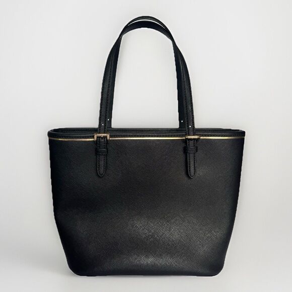 MICHAEL KORS Jet Set Large Saffiano Leather Black Pocket Tote Gold Trim Bag - Picture 2 of 13